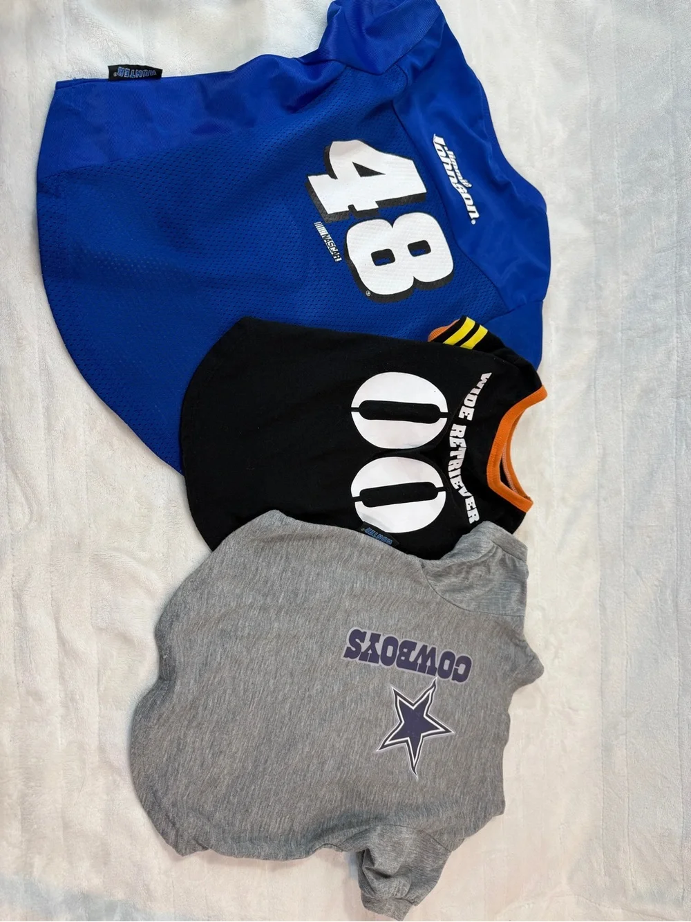 3 used (machine washed) Dog outfits size lg & med Nascar #48, Cowboys, Retreiver